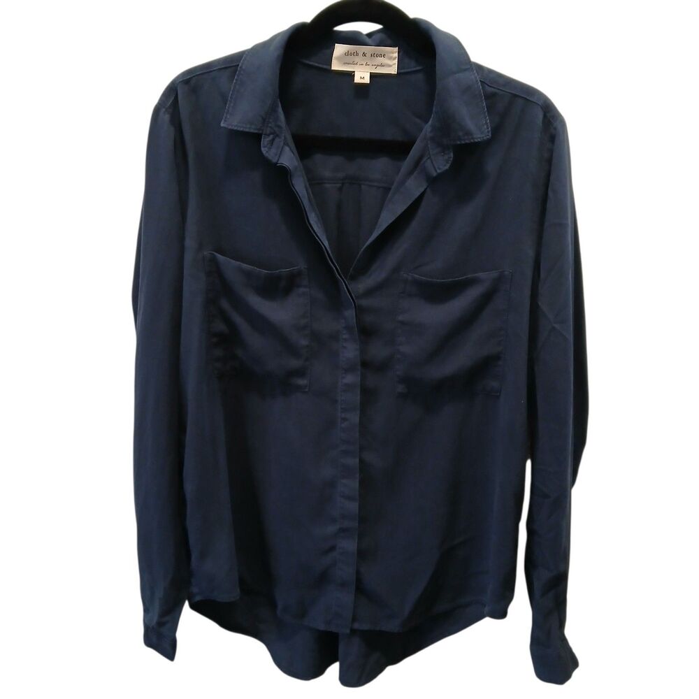 Cloth & Stone Shirt Women Medium Blue Tencel Hidden Button Front Long Sleeve Top - Picture 2 of 9